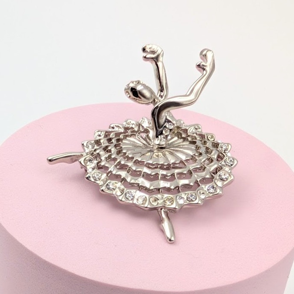Vintage Ballerina Brooch Silver Tone Clear Rhinestone‎ Open Work Tutu Dancer Pin